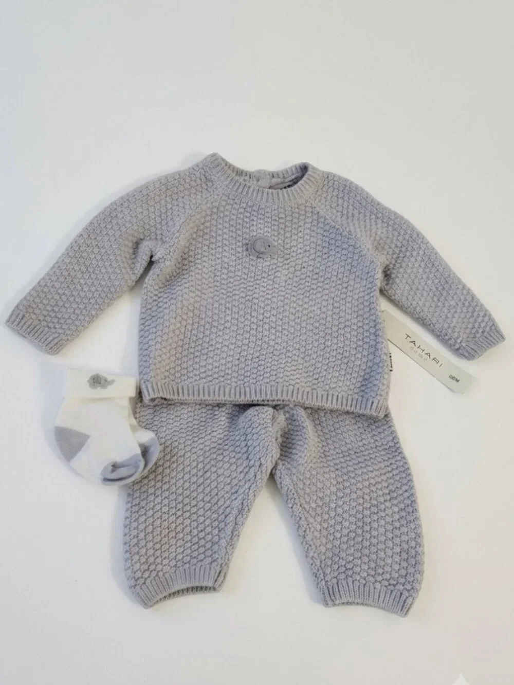 Tahari Baby 0-3M Knit Sweater & Pants Set with Socks Light Blue 100% Cotton NWT
